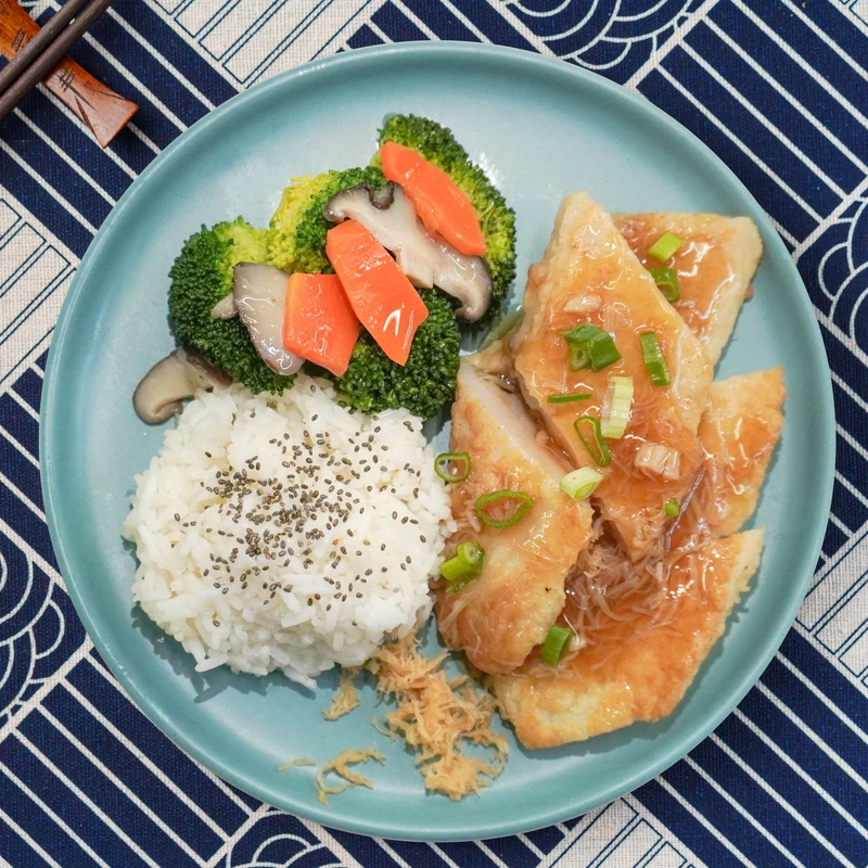 D. Healthy Stirfry Fish W/ Dried Conpoy, Seasonal Vegetables And Jasmine Rice