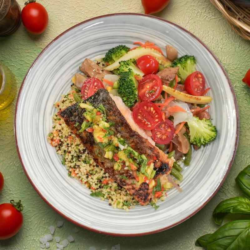 B. Roasted Fish W/ Steamed Greens, Orgnaic Quinoa Mix Rice And Citrus Salsa Verde