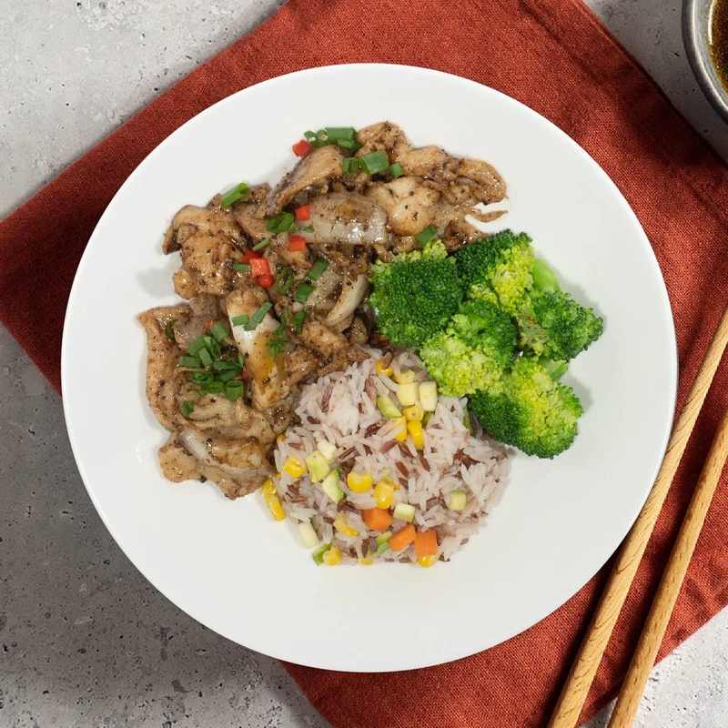 C. Black Pepper Chicken W/ Mix Onions, Seasonal Greens And Healthy Fried Rice