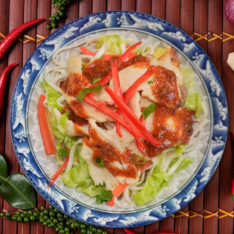 C. Sand Ginger Chicken W/ Seasonal Vegetable, Chinese Noodles And Low Fat Sesame Dressing
