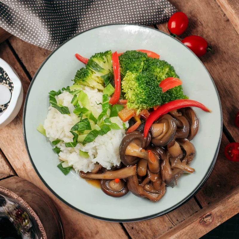 C. Chinese Style Sweet N Sour Mushrooms W/ Chinese Greens And Shanghai Vegetable Rice