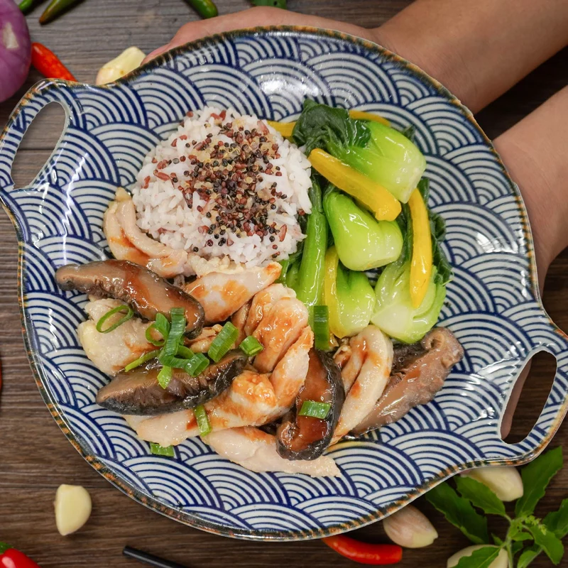 D. Healthy Chinese Style "Beggar" Chicken W/ Seasonal Vegetables And Jasmine Rice