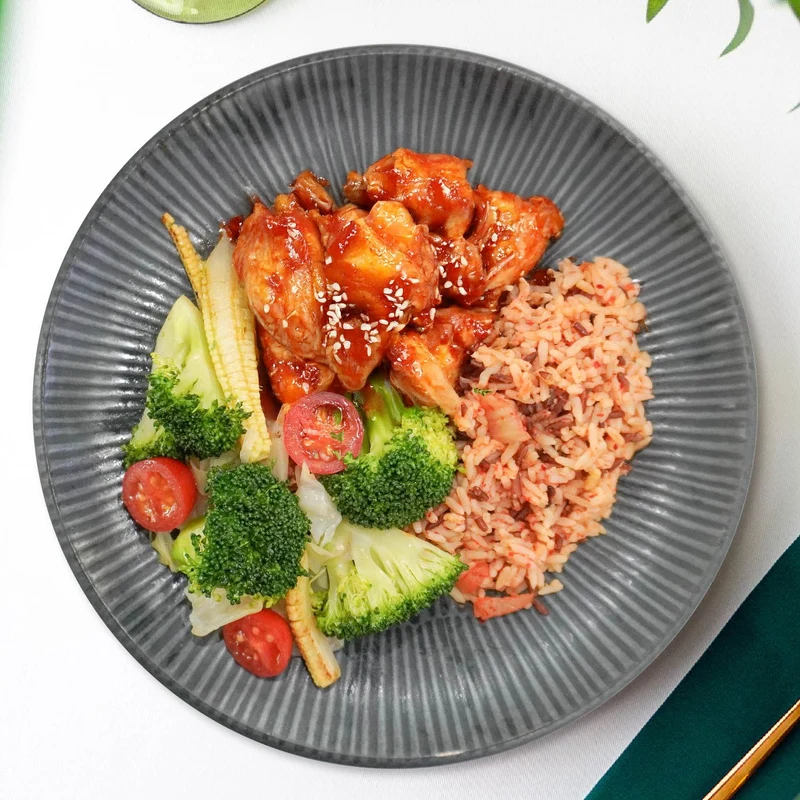 B. Korean Style Chicken W/ Seasonal Greens And Korean Rice