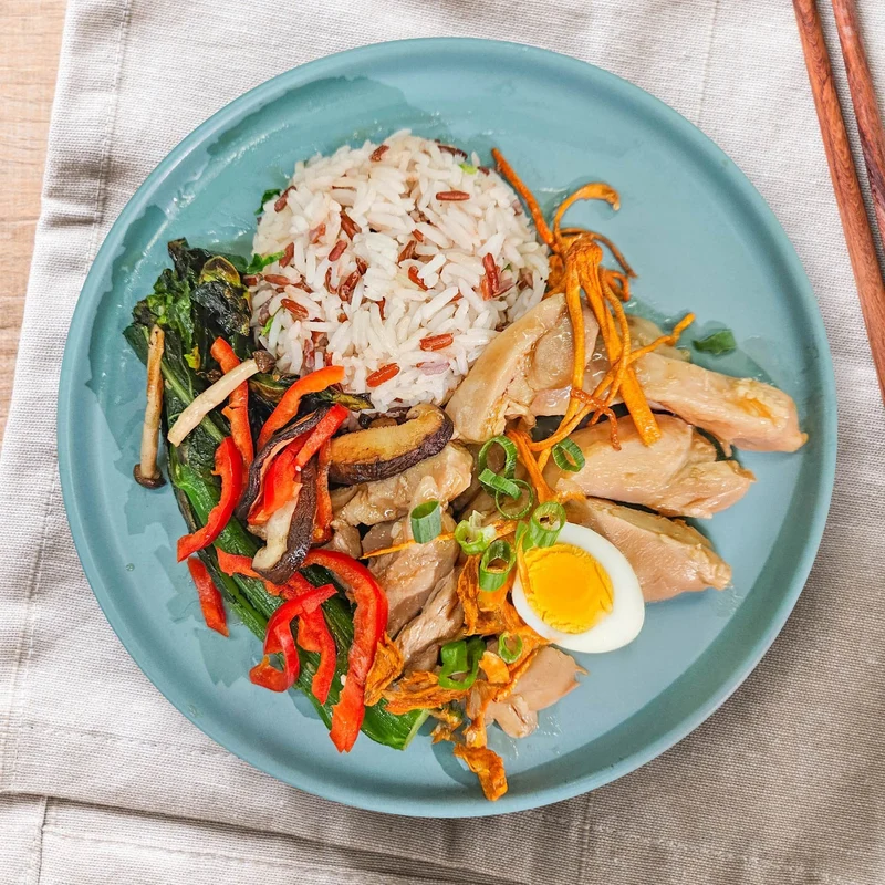 C. Shanghai Style Chicken W/ Cordyceps, Soy-Marinated Egg, Seasonal Vegetables And Jasmine Rice