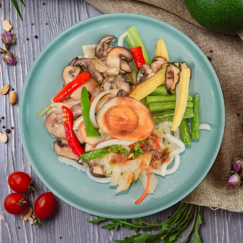 D. Three Cup Asian Mushrooms W/ Mixed Peppers, Sauteed Vegetables, Marinated Egg And Chinese Style Noodles