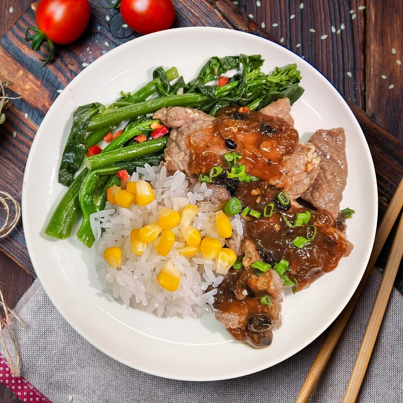 C. Black Bean Tangerine Stir Fry Beef W/ Seasonal Vegetable And Corn Mix Rice