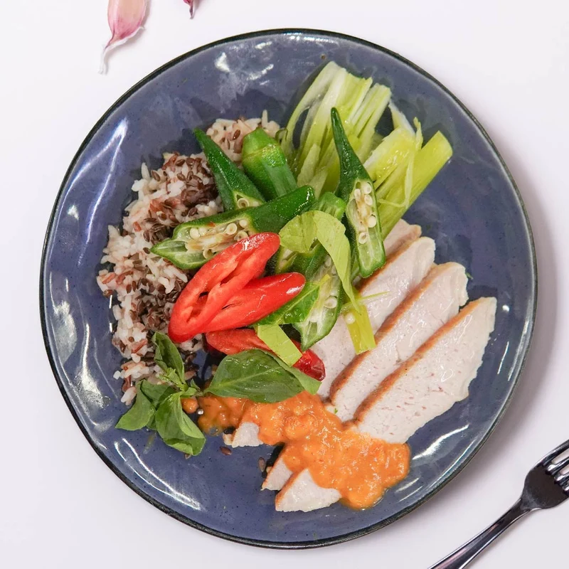 B. Thai Pork Loin W/ Asian Greens And Jasmine Rice