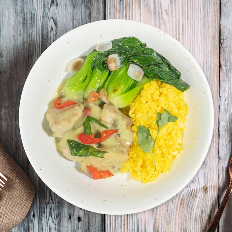 A. Low-Fat Thai Stirfry Chicken W/ Asian Greens And Coconut Turmeric Rice