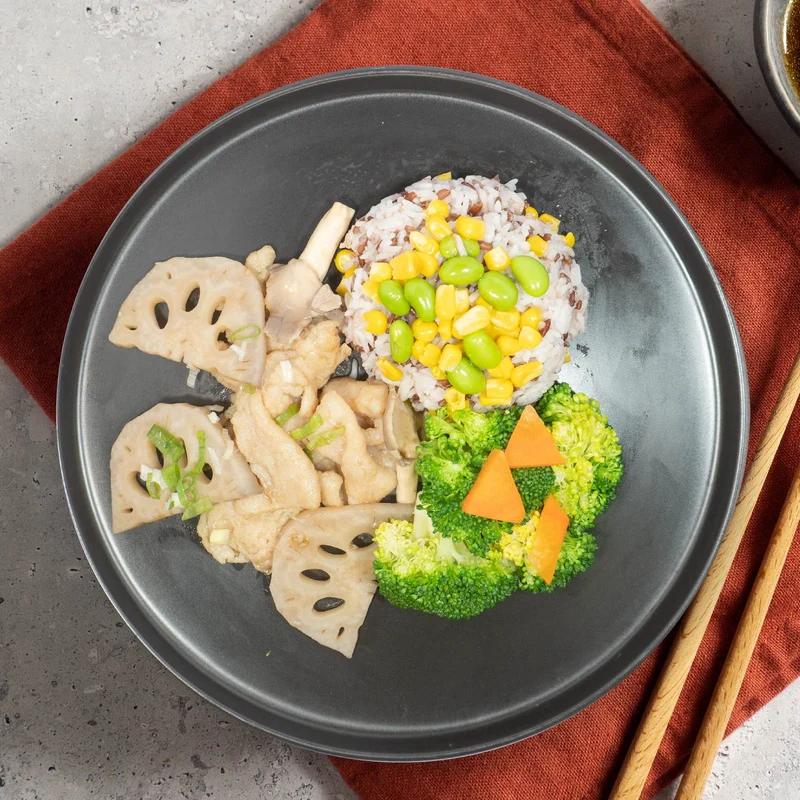 D. Stirfried Lean Pork W/ Fermented Beancurd Sauce, Seasonal Vegetables And Healthy Fried Mix Grain