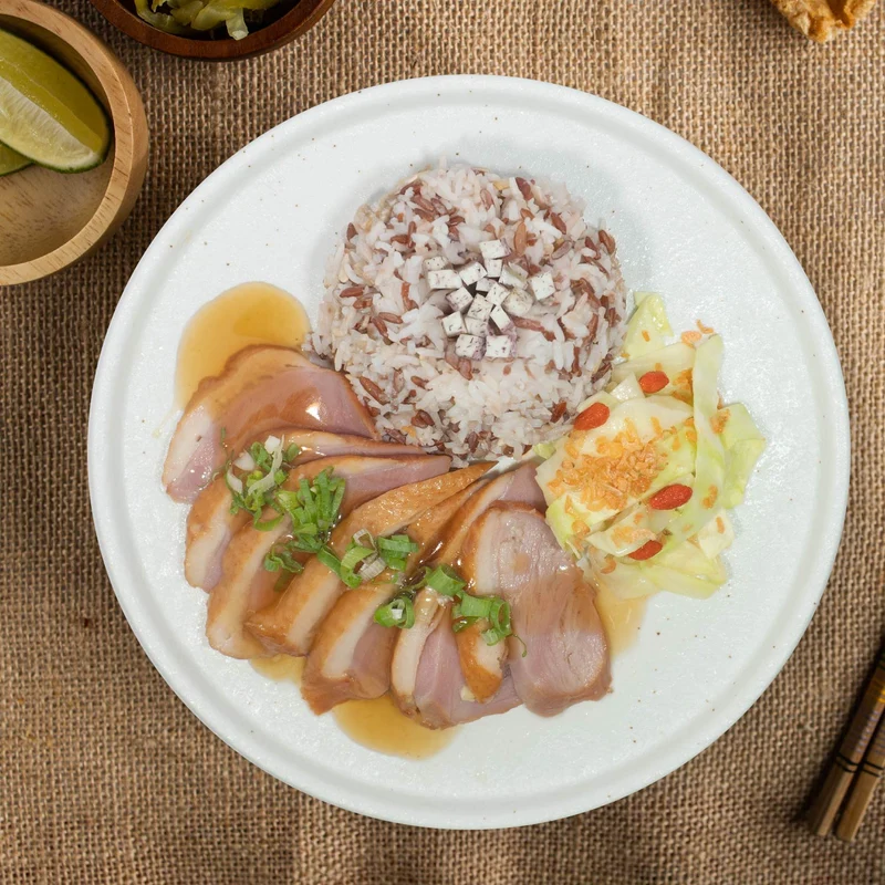 D. Smoked Tea Duck Breast W/ Asian Greens And Taro Mix Rice