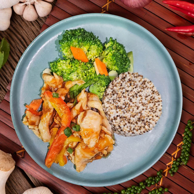 C. Braised Chicken in Abalone Sauce, Seasonal Vegetables And Jasmine Rice