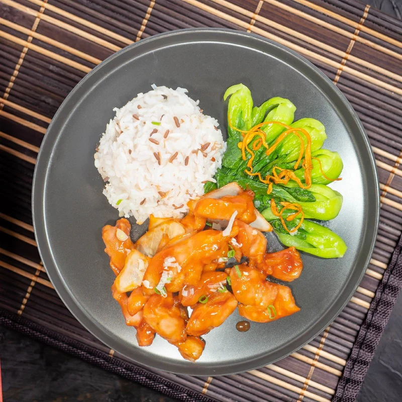 C. Sweet And Sour Chicken W/ Asian Greens And Jasmine Rice