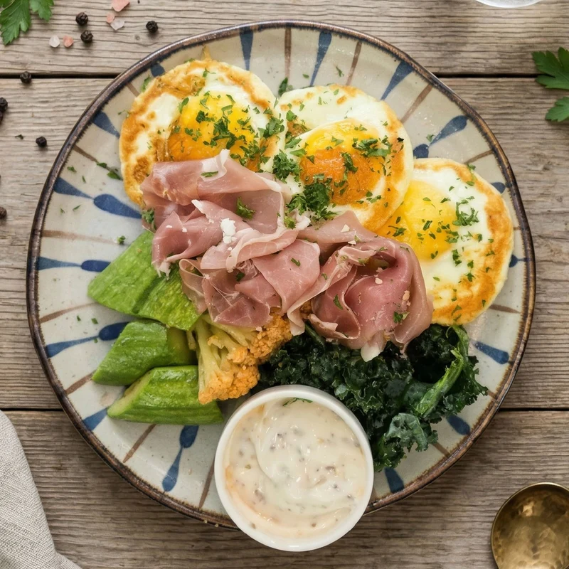 Baked Eggs w/ Prosciutto di Parma w/ Side Salad and Lemon Herb Vinaigrette