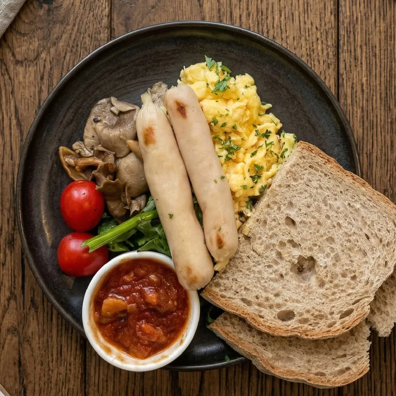 Scrambled Eggs w/ Veal Sausage and Wholewheat Bread