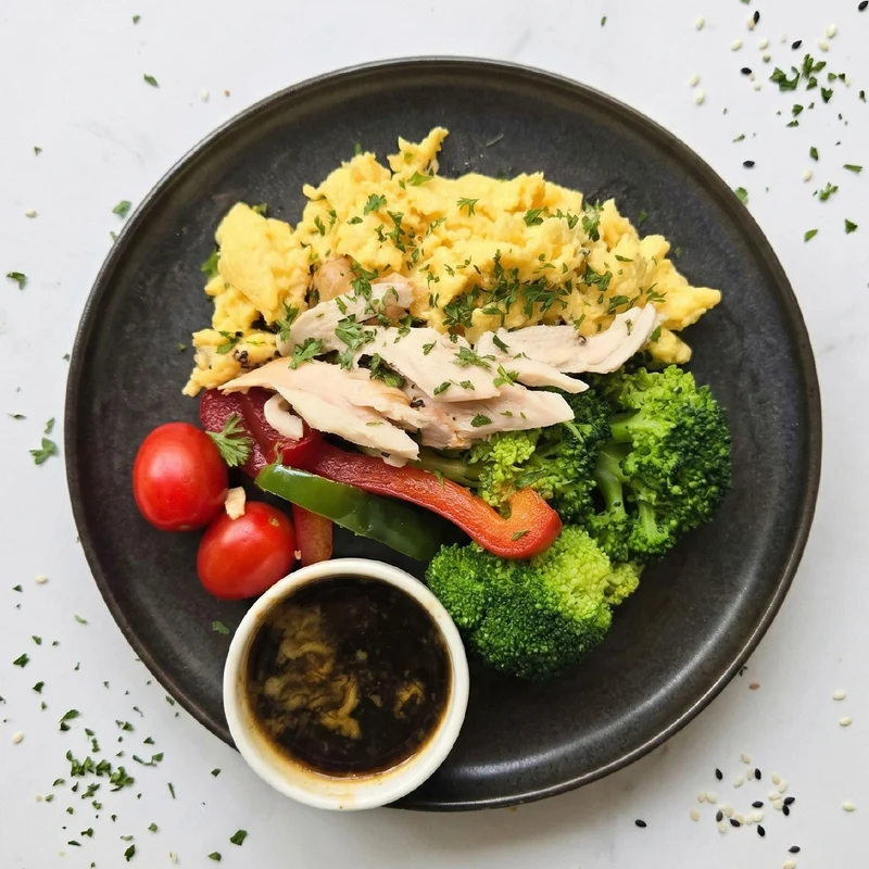Ginger Soy Poached Chicken w/ Egg and Side Salad