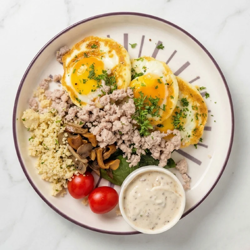 Greek Power Breakfast w/ Baked Eggs, Cumin Spiced Pork and Cous Cous