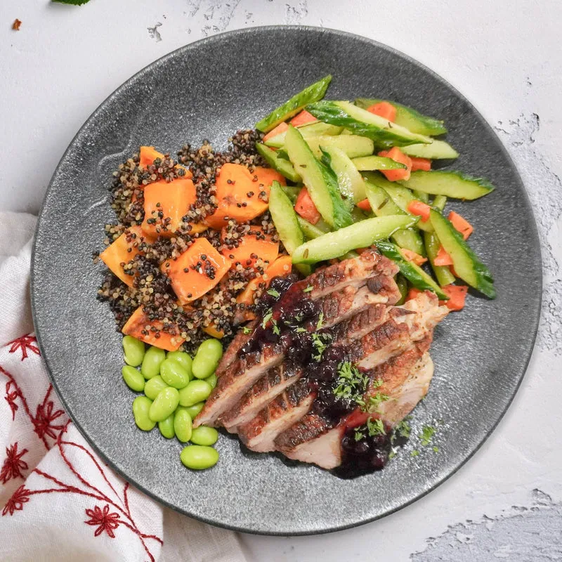 Grilled Duck Breast W/ Mixed Berry Balsmic Reduction And Quinoa Mix Pumpkin