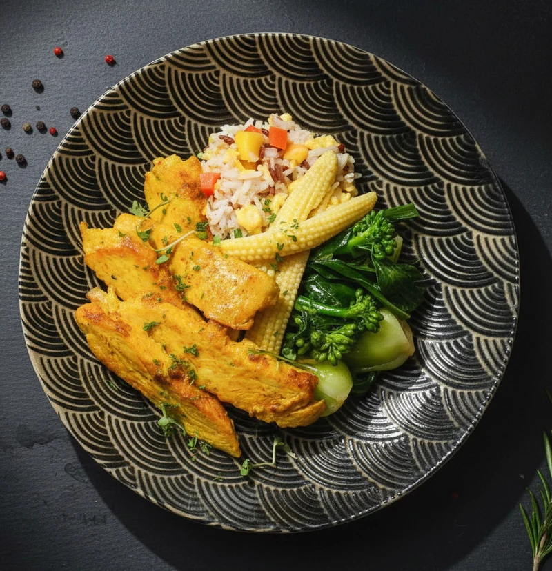 Indonesian Pork Loin w/ Chinese Greens, Pineapple Fried Rice And Peanut Sauce