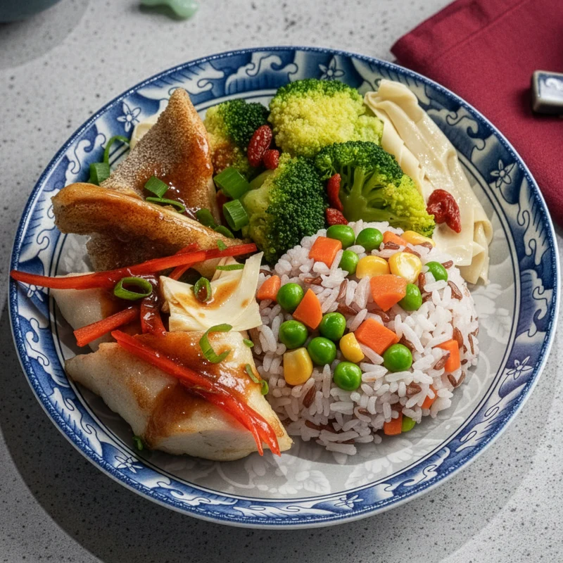 Braised Fish Fillet W/ Stir Fried Vegetables, Healthy Fried Rice and Tangerine Peel and Oyster Sauce