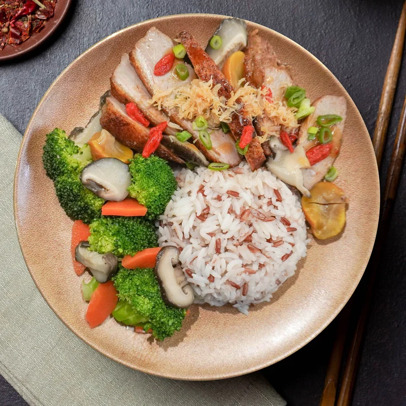 Healthy Chinese Four Treasure Duck W/ Stir Fried Vegetables And Glutinous Rice