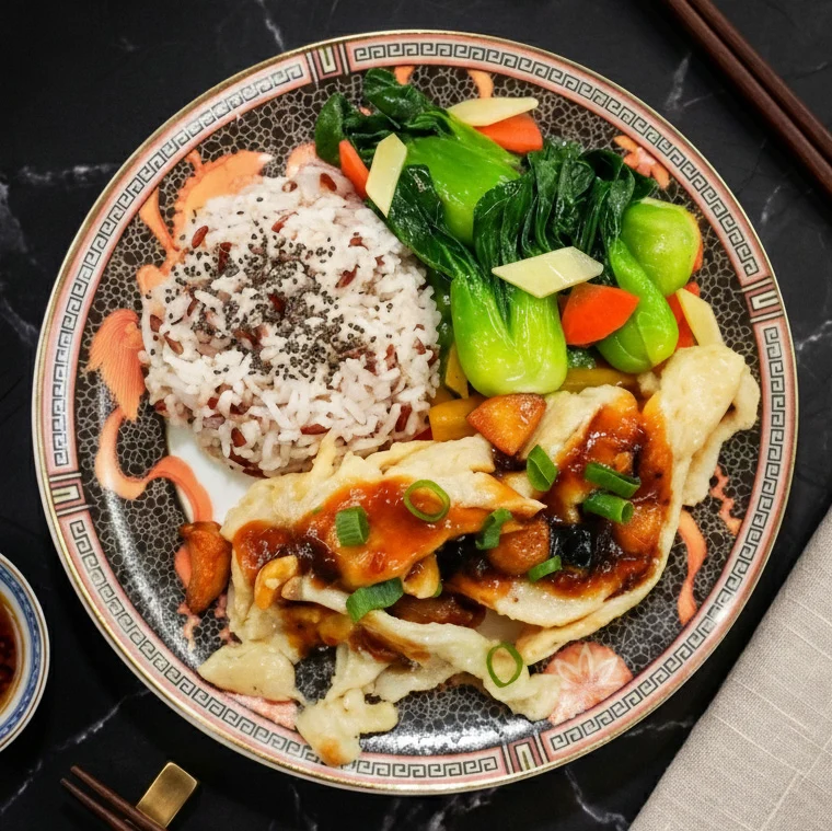 Black Bean Garlic Chicken W/ Asian Greens And Chia Seed Mix Grain Rice