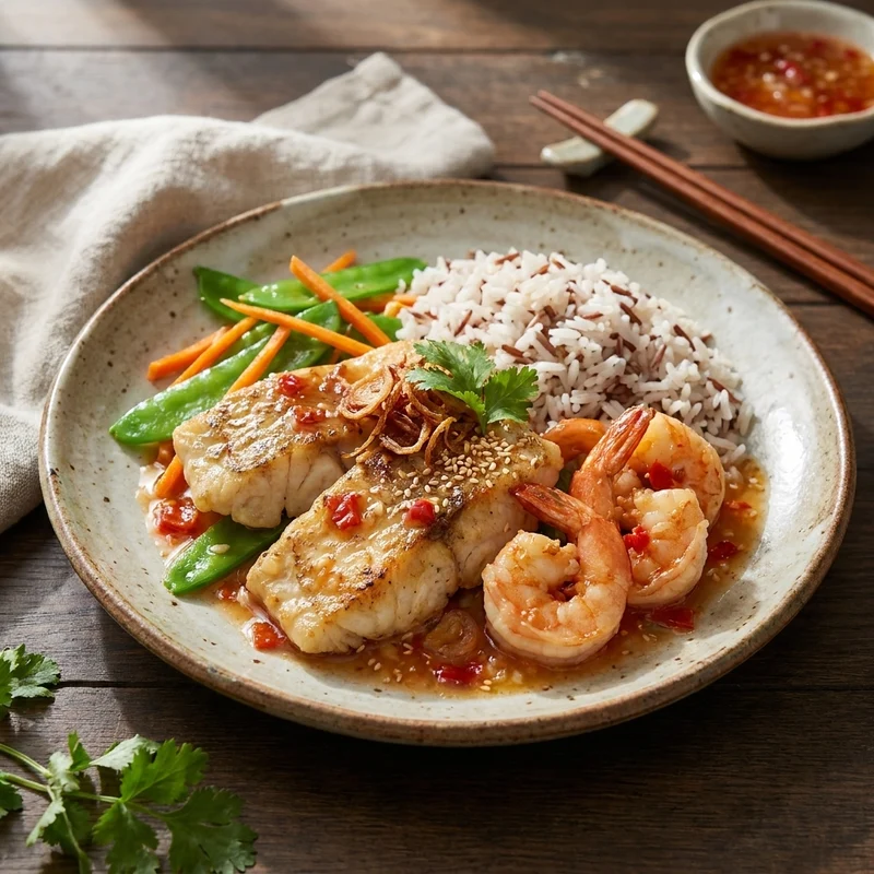 Dried Shallots Stir-Fried Shrimp w/ Fish Fillet, Asian Vegetables And Mix Grain