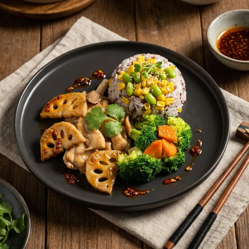 Stirfried Lean Pork W/ Fermented Beancurd Sauce, Seasonal Vegetables And Healthy Fried Mix Grain