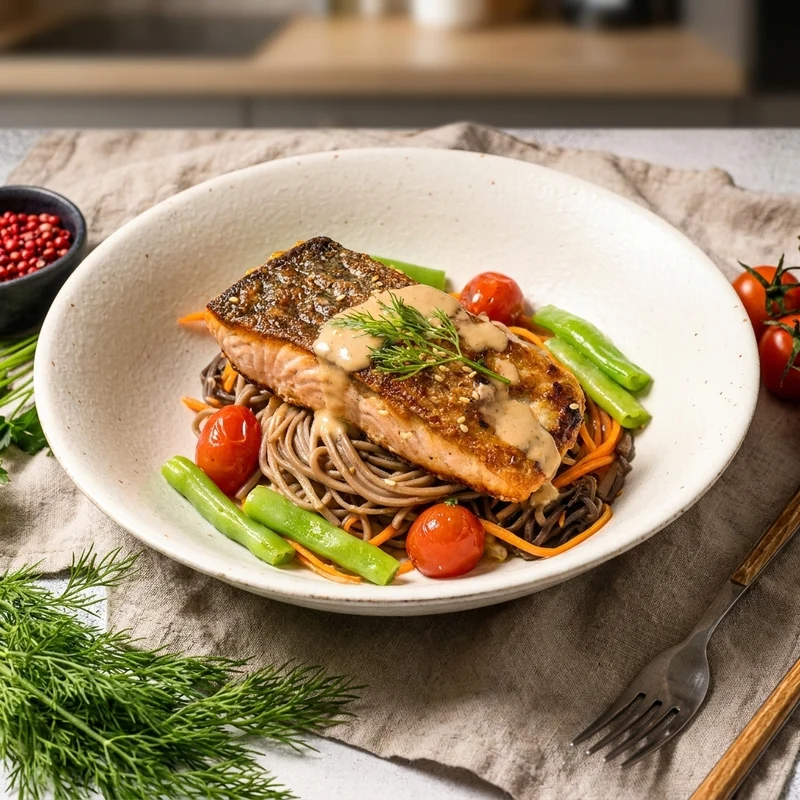 Grilled Bang Bang Salmon W/ Asian Vegetables And Low-Fat Sesame Sauce