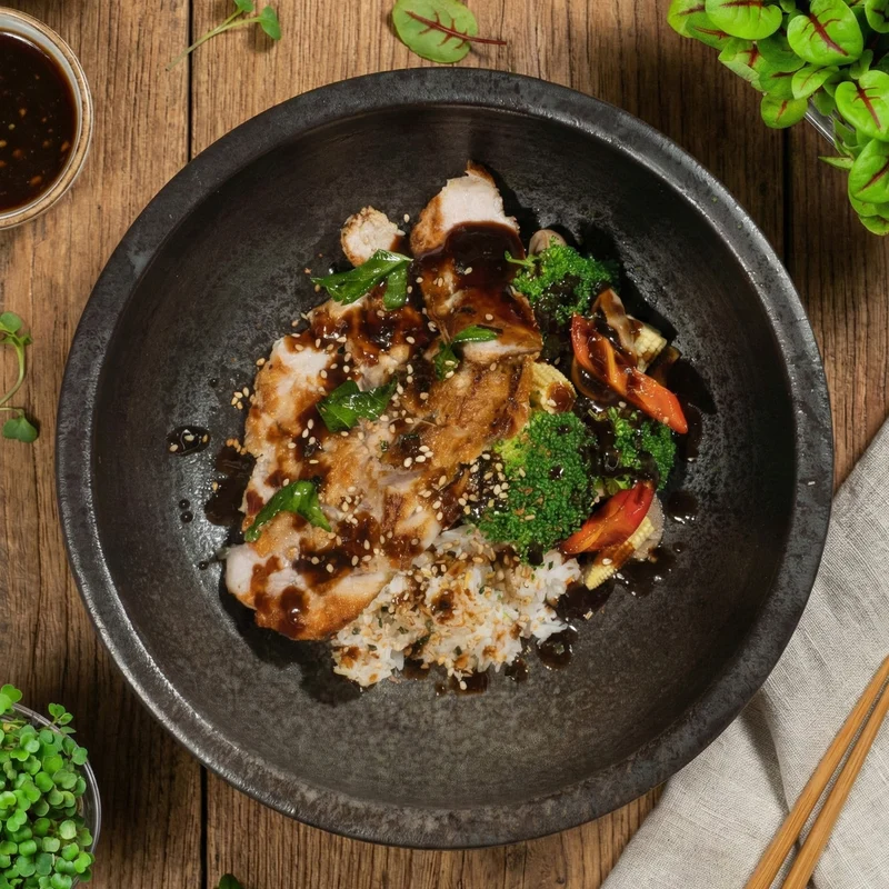 Japanese Lean Pork Tonkatsu W/ Sautee Vegetables, Ginger Pickles, Sesame Rice