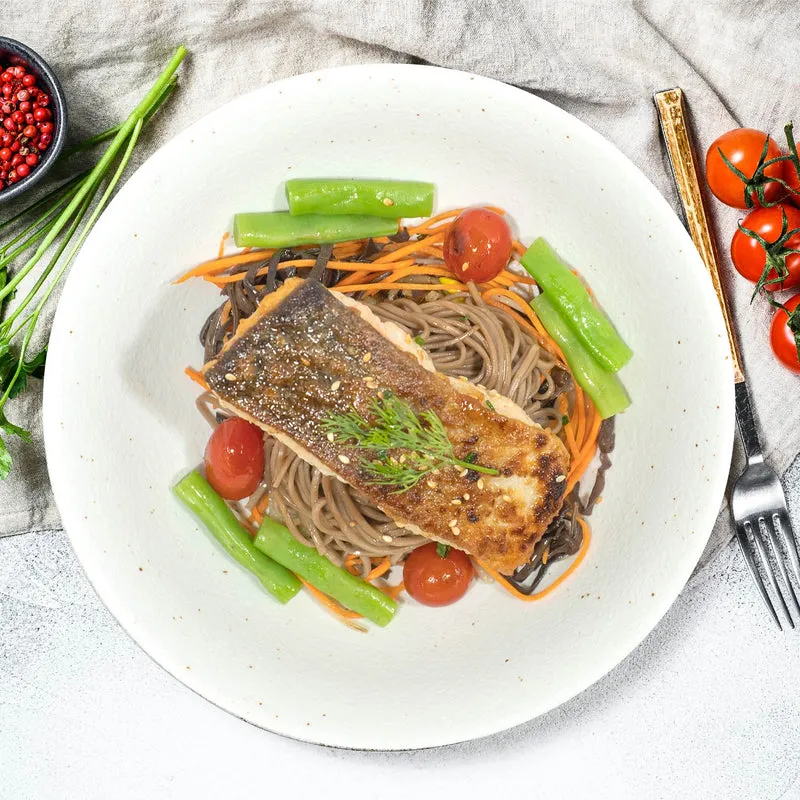 Grilled Salmon W/ Asian Vegetables, Soba Noodles And Low-Fat Shanghai Sesame Sauce