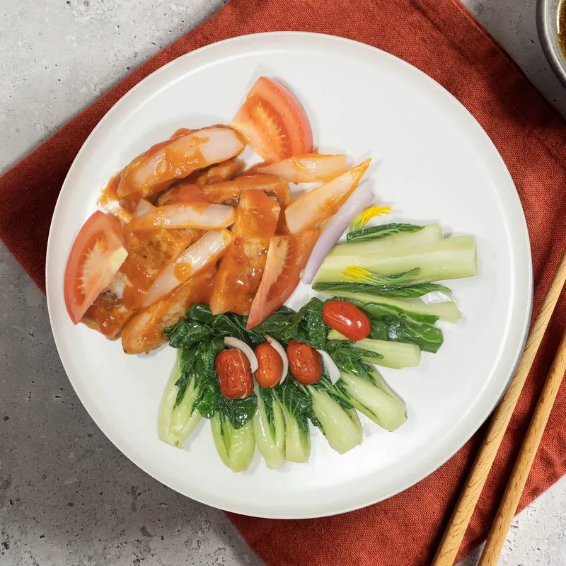Low-Fat Tomato Baked Pork Chop W/ Seasonal Vegetables