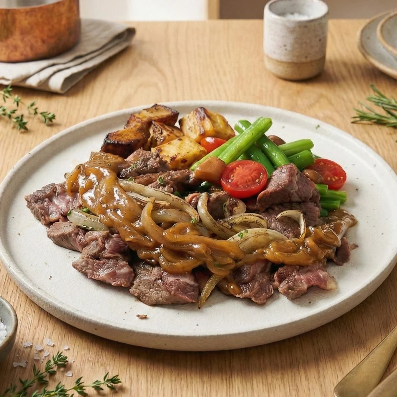 Rib Eye Steak W/ Onion Sauce And Seasonal Greens
