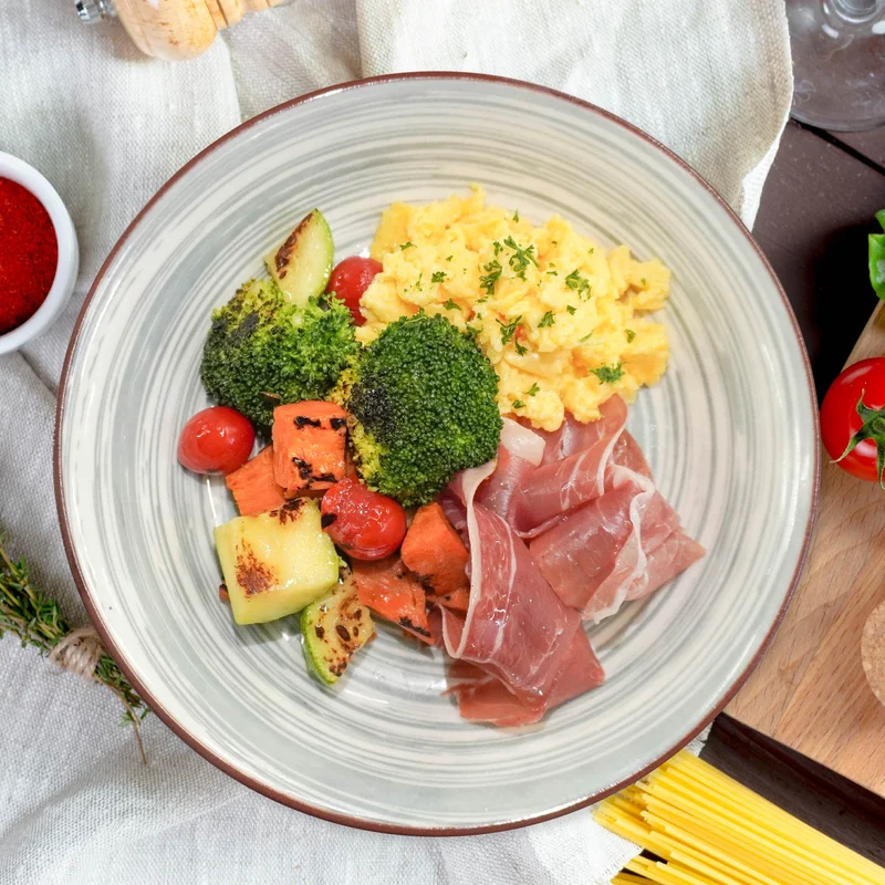 Scrambled Eggs W/ Parma Ham And Roasted Vegetables