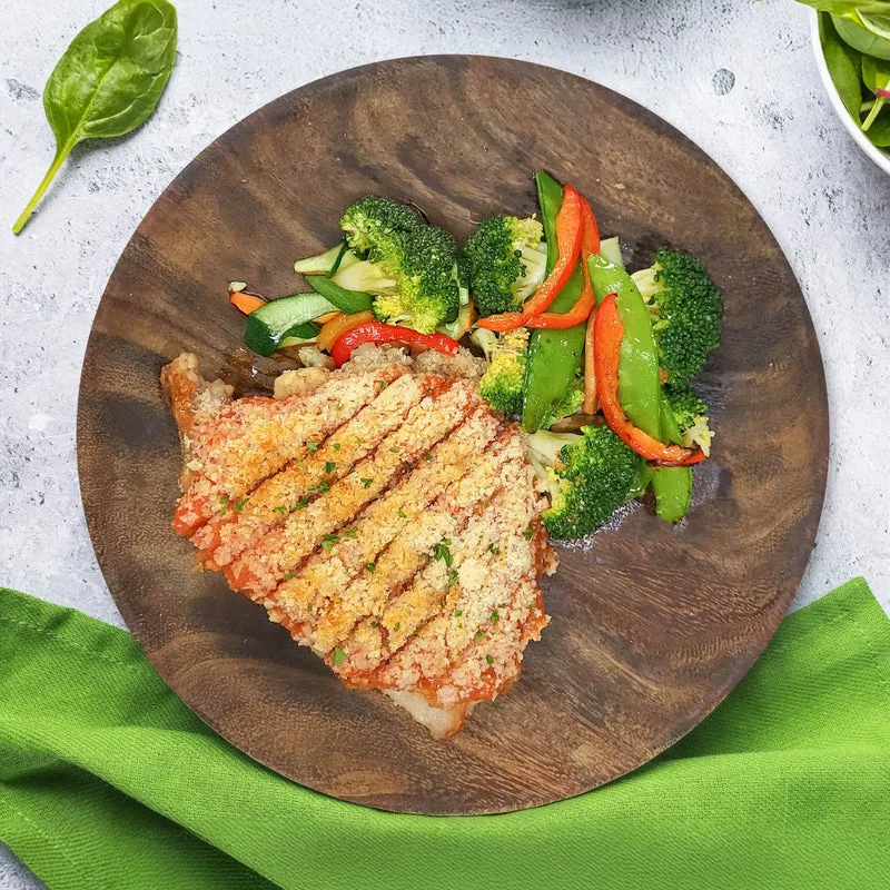 Healthy Pork Schnitzel Served W/ Roast Vegetables And Lemon Garlic Aioli