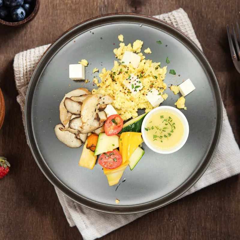 Tofu Scramble Eggs W/ Wild Mushroom, Quinoa And Roasted Vegetables Salad W/ Honey Mustard Vinaigrette
