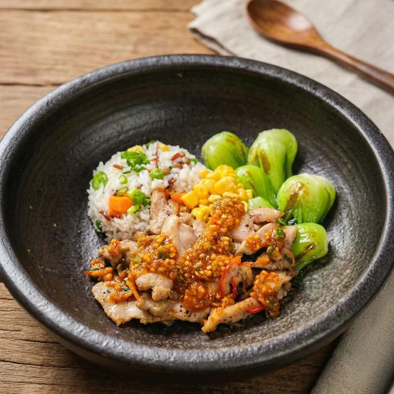 Indonesian Nasi Goreng Chicken W/ Sautee Vegetables And Healthy Fried Rice
