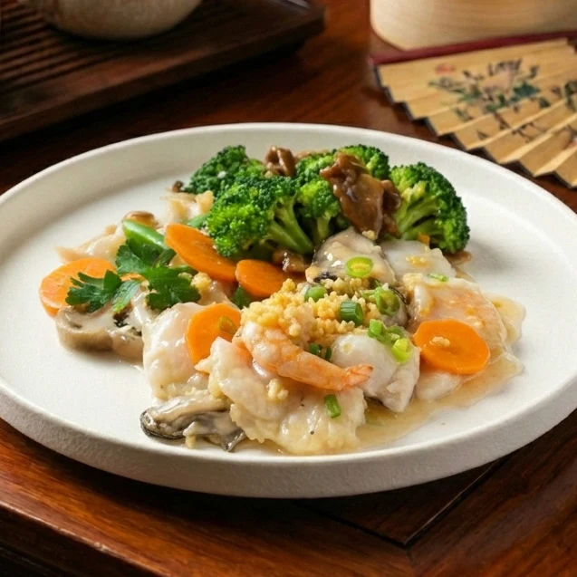 Sautee Ginger And Scallion Seafood W/ Asian Greens