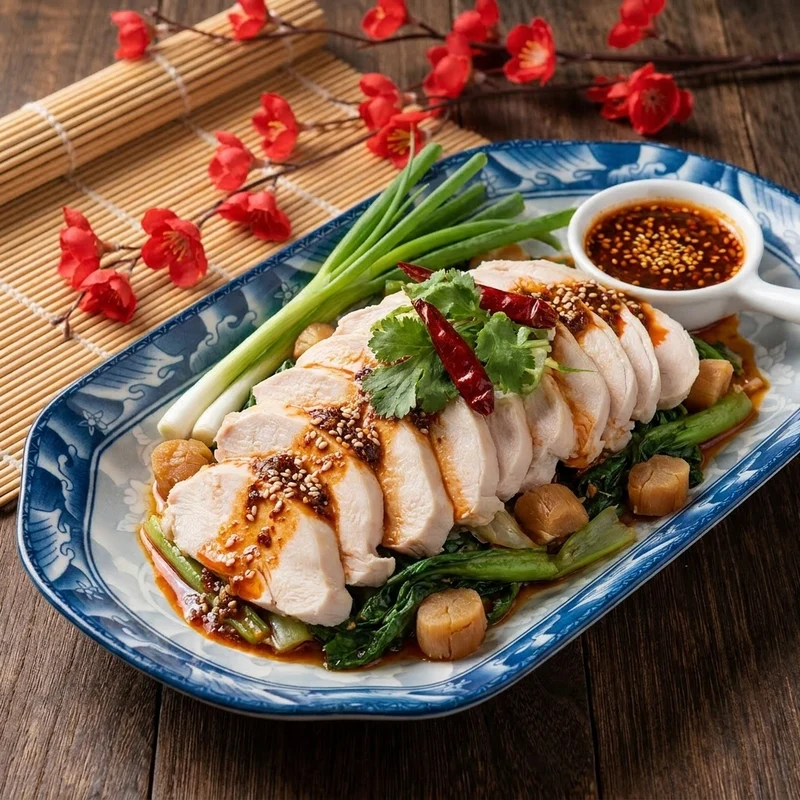 Sichuan Ma La Chicken Breast w/ Dried Scallops, Asian Greens