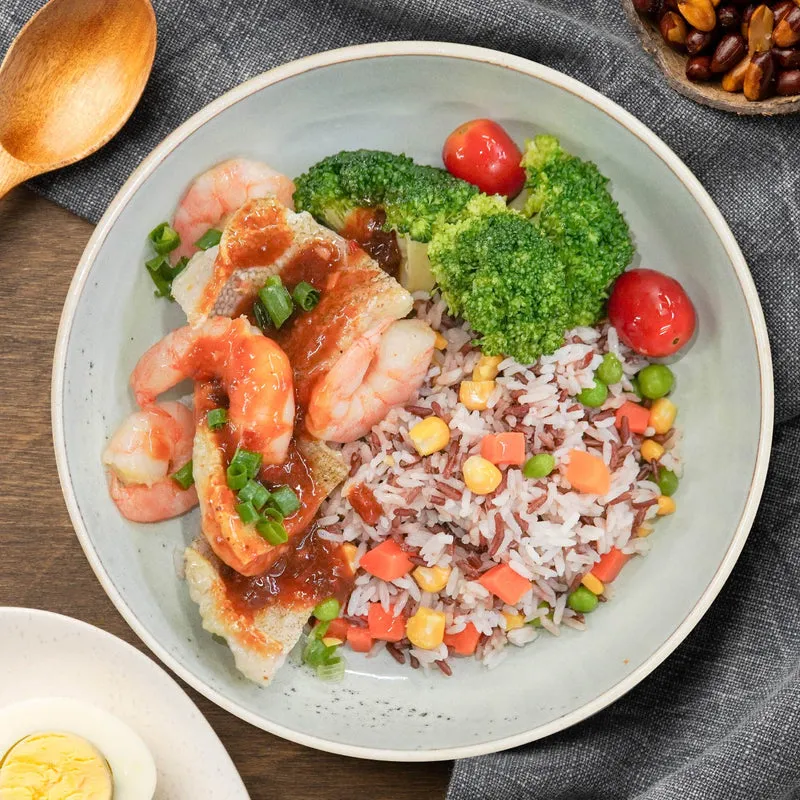 Ma Po Shrimp And Fish Fillet W/ Mix Vegetables And Healthy Fried Rice