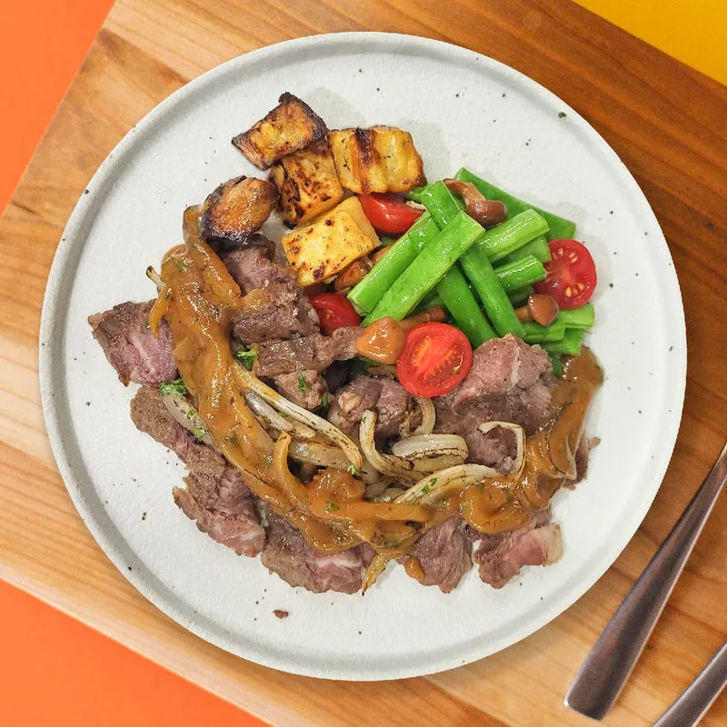 Grilled Ribeye Steak W/ Truffle Sauce, Sautee Vegetables And Roast Potato Hash