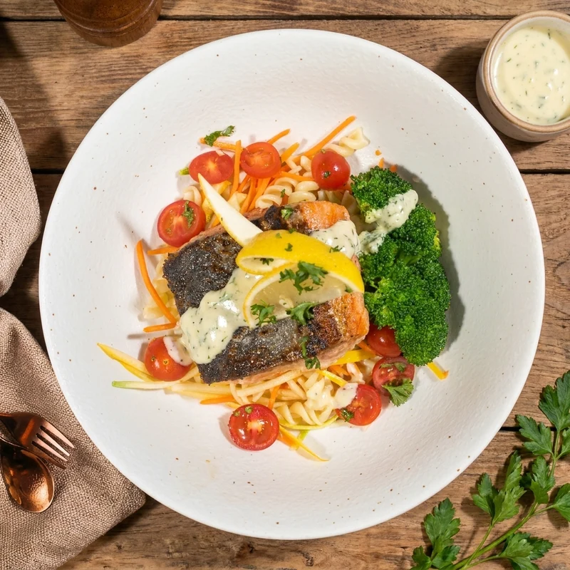 Cajun Grilled Salmon W/ Steamed Greens, Low-Fat Fusilli Pasta Salad And Lemon Dill Sauce