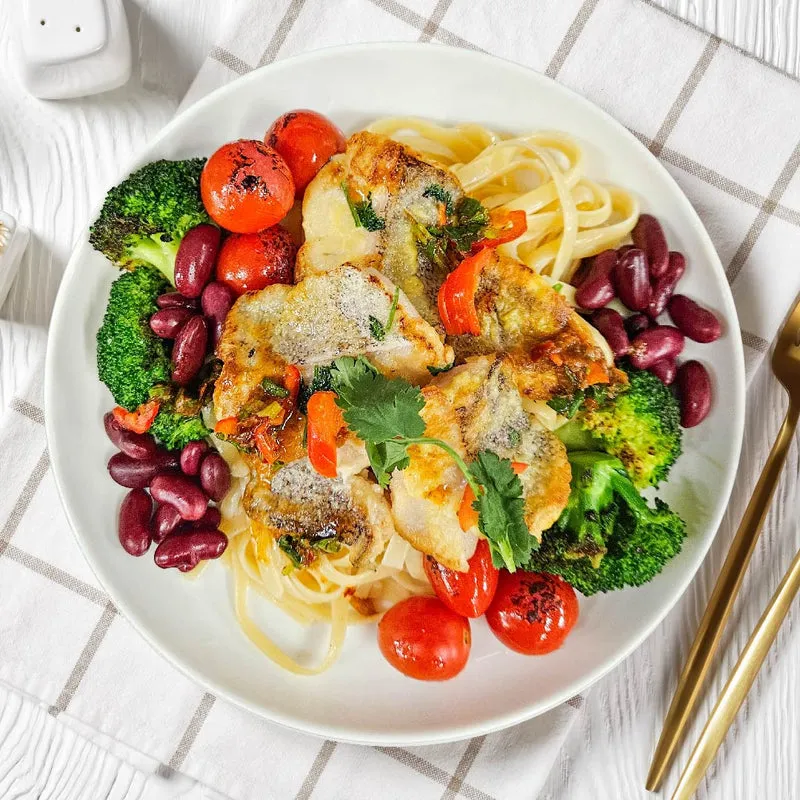 Grilled Fish Fillet W/ Healthy Greens, Pasta And Salsa Verde