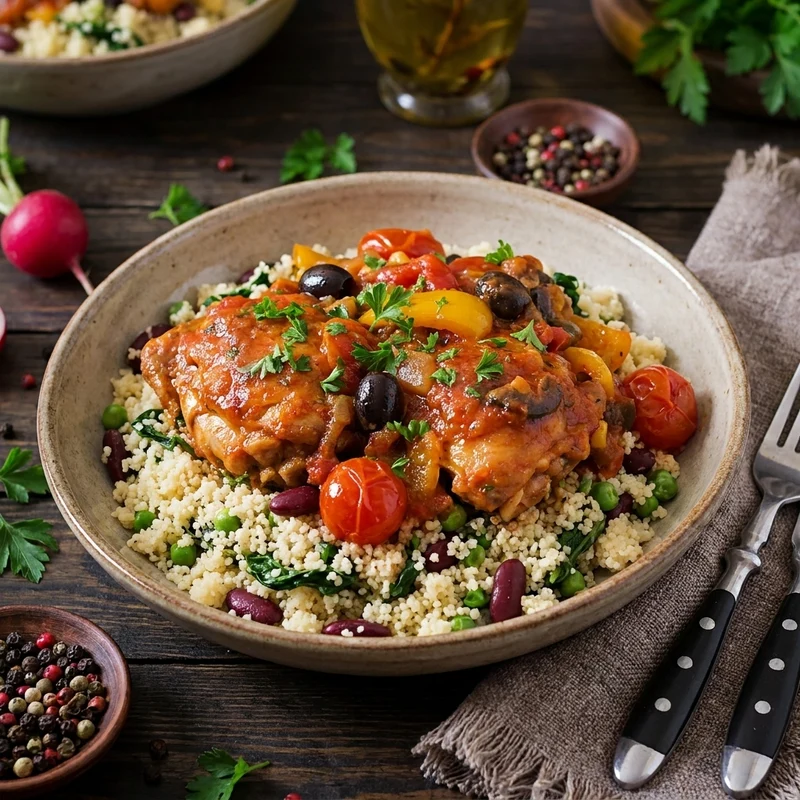 Italian Chicken Cacciatore W/ Sauteed Greens And Kidney Beans Couscous