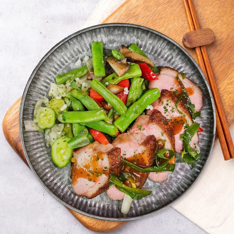 Sautée Scallions W/ Duck Breast, Seasonal Vegetables