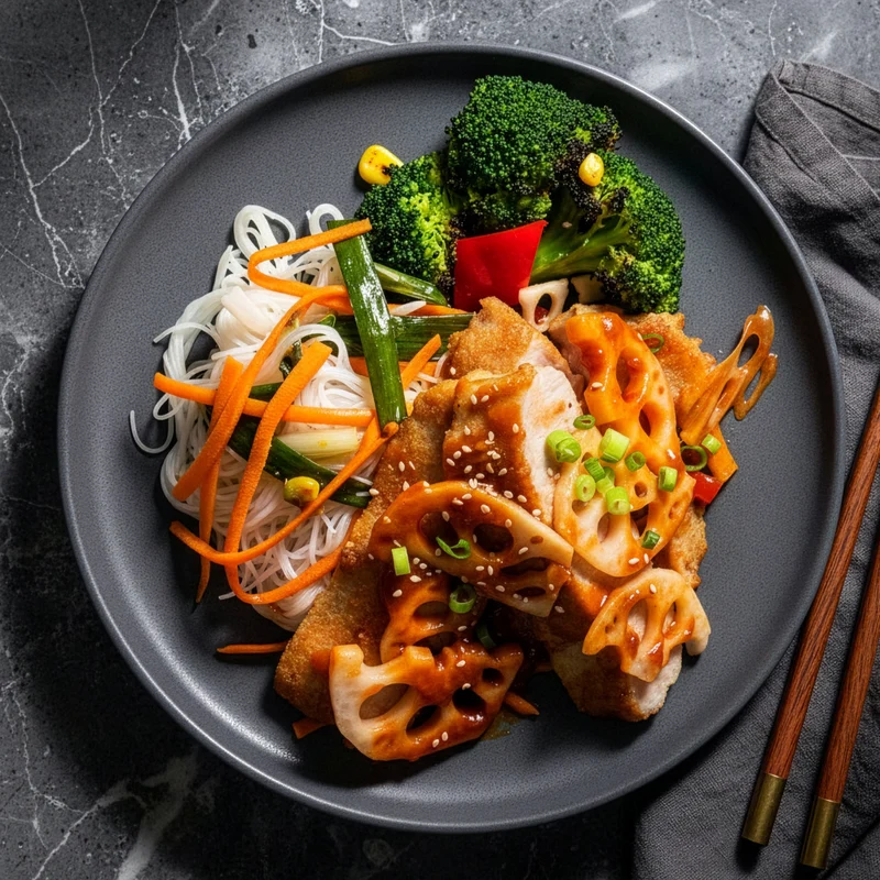 Kung Pao Pork Loin W/ Lotus Root, Seasonal Vegetables And Healthy Rice Noodles