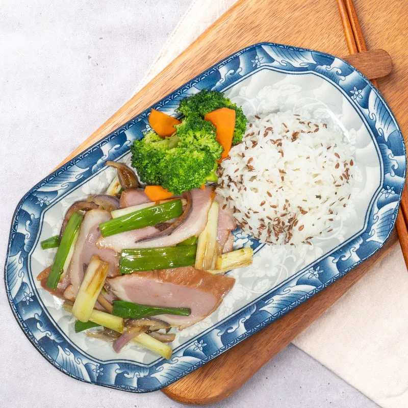 Sautée Scallions W/ Duck Breast, Seasonal Vegetables And Quinoa Rice