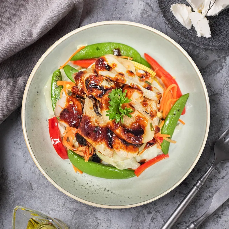 Mix Seafood W/ Sautee Vegetables And Japanese Unagi Sauce