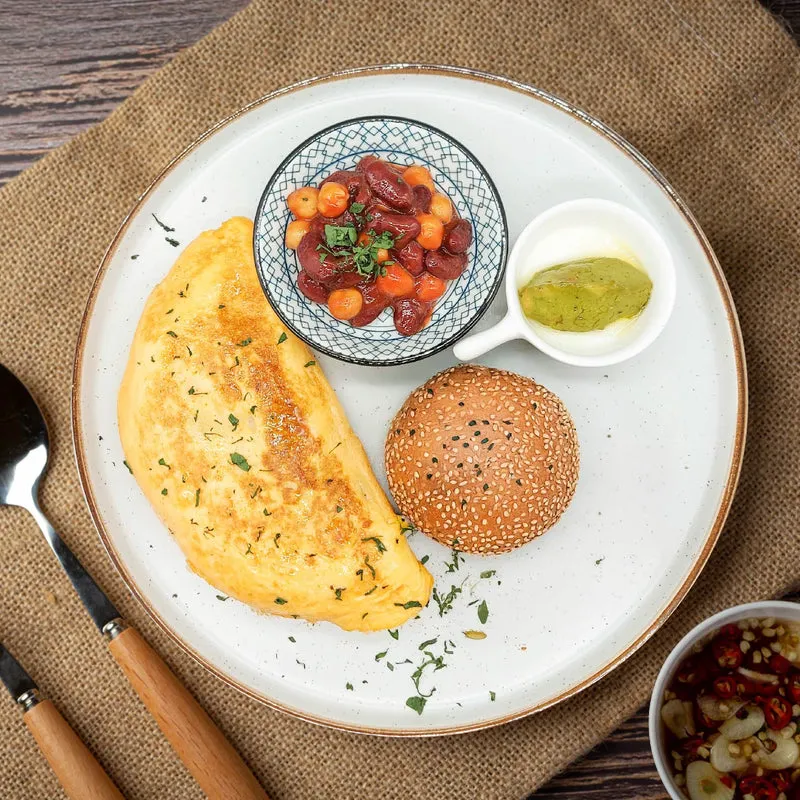 Spinach And Pork Omelette W/ Guacamole, Homemade Baked Beans And Sesame Roll