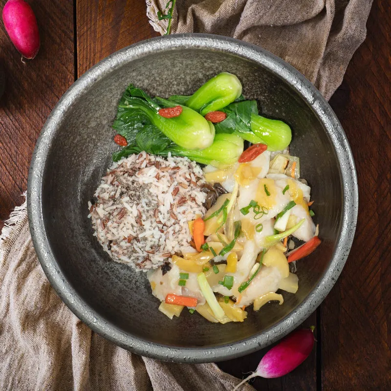Stir Fry Fish Fillet In Sichuan Chillies And Pickles, Sauteed Greens And Mixed Grain Rice
