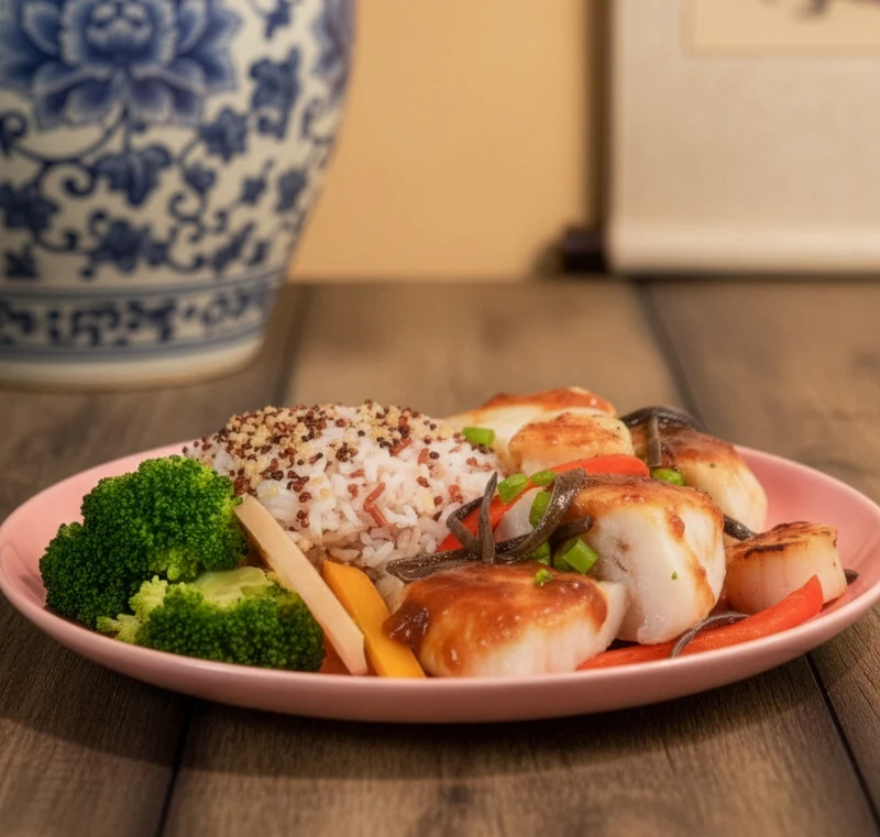Sauteed Garlic Fish Fillet w/ Black Fungus, Seasonal Vegetable And Quinoa Mix Grain Rice